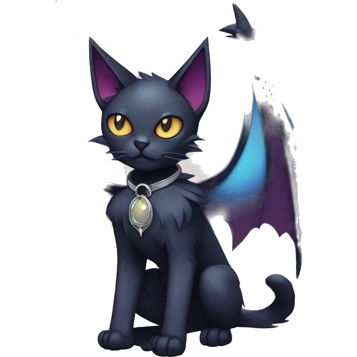   cool edgy beautiful anime-style ethereal dark-punk-themed animal vampiric cat-hybrid Fakemon with fangs and bat-wing-ears with a collar full body emoji