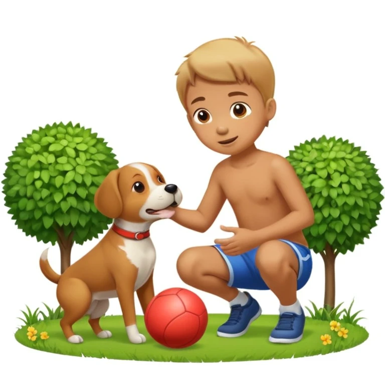 kid and dog playing with ball, garden background emoji