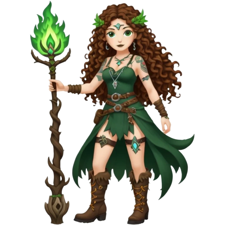 full body view of a woman with long curly brown hair, brown eyes, white skin, tattoos, wearing a forest witch outfit with high boots and rune belt, casting green flame from her hand emoji