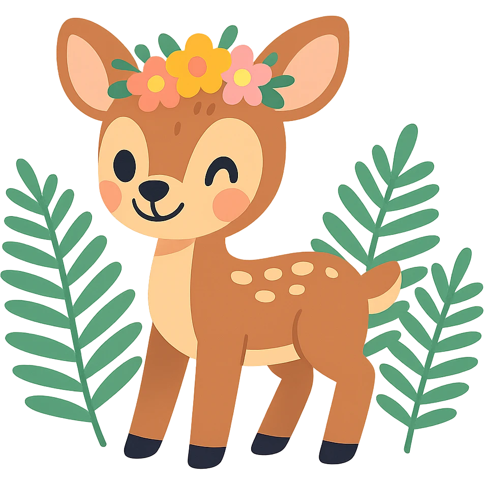 baby deer with a flower crown, surrounded by ferns, pastel toon style emoji