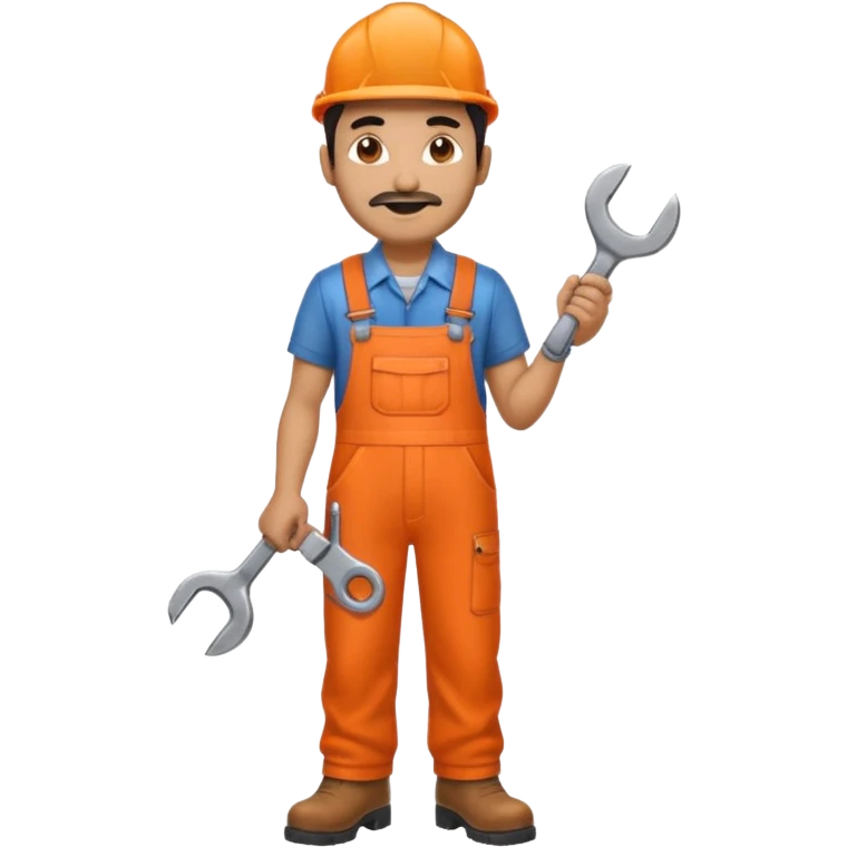 Indian male railway engineer orange overalls, boots holding a spanner emoji