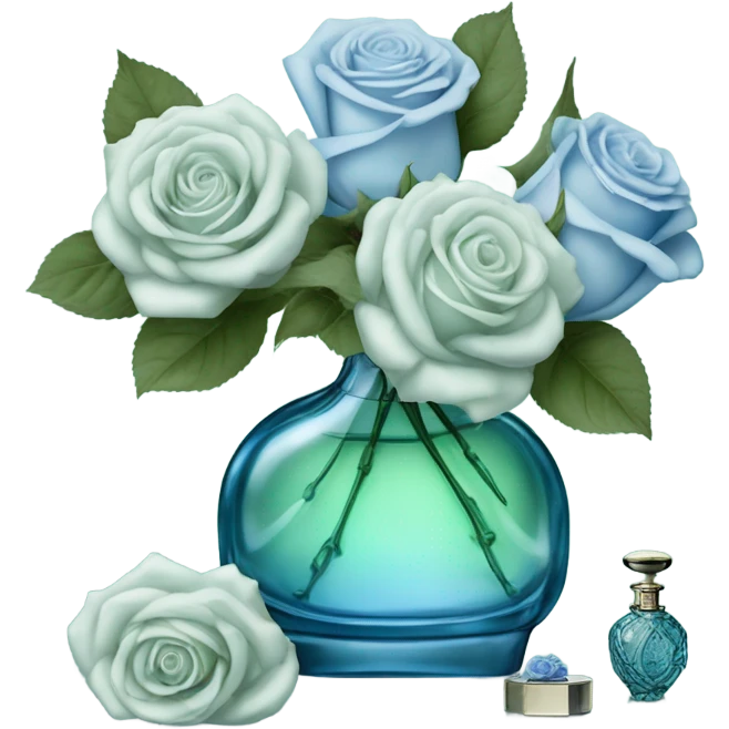 Aesthetic composition of soft blue roses with a vintage-style green  perfume bottle.
 emoji