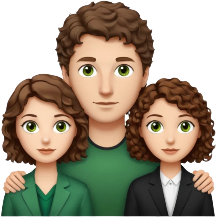 White Man in the middle with brown hair and green eyes, women next to him with short brown hair with slight waves, taller women on right side with shoulder length curly hair and brown eyes emoji