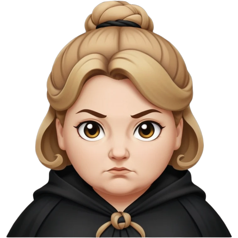 Alecto Carrow in harry potter, a white fat woman , one knot bun light brown hair, look evil, black cloak emoji