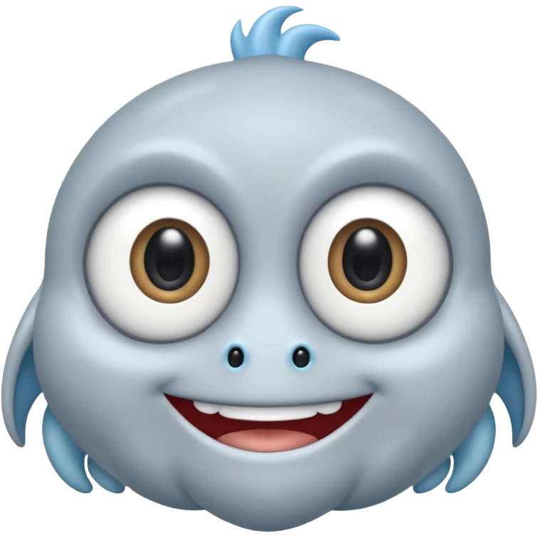 No head..it has 1 eye....stands upright ...wears clothing. is light grey and light blue..looks happy and cuddly... doesnt have a full head.... there is a appendage coming out of top of body with a single large eye emoji