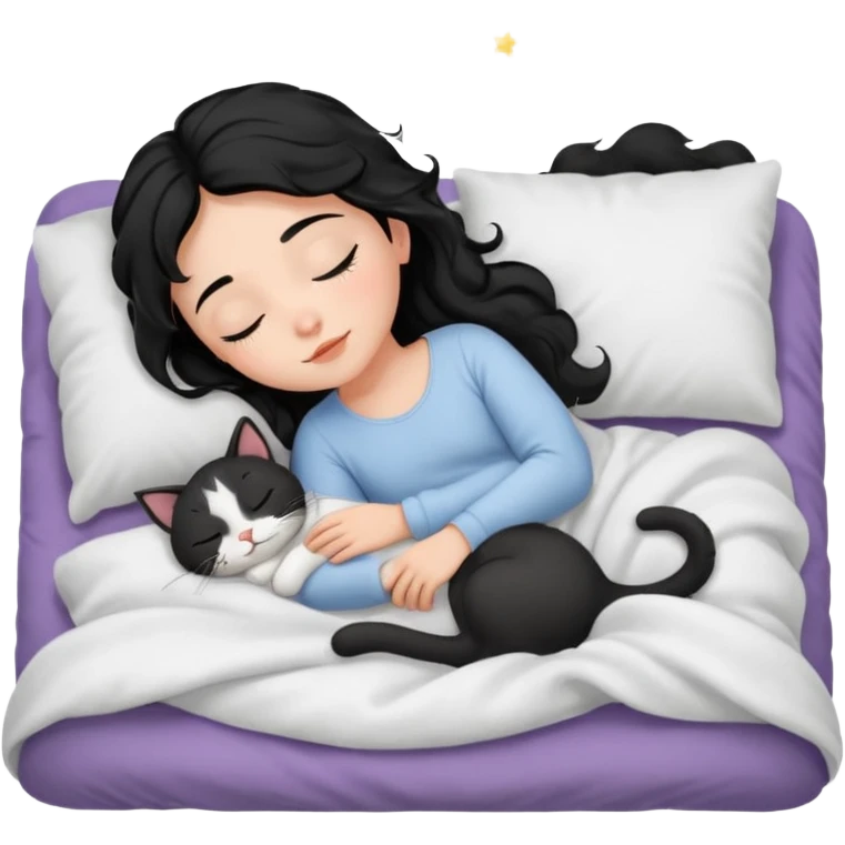angelic sleeping black wavey hair girl in the bed with her cats emoji