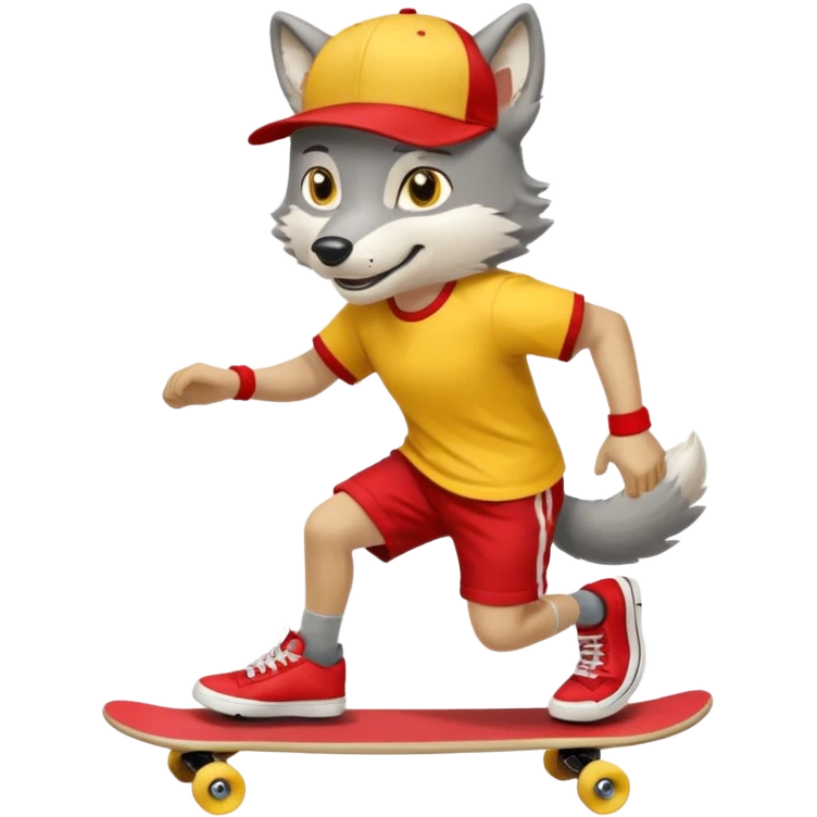 A gray wolf with large, expressive eyes and a friendly smile. The gray wolf is wearing a bright yellow T-shirt, red shorts, white knee socks, and sneakers. The baseball cap is on backwards. The wolf is preparing to perform a skateboarding trick. emoji