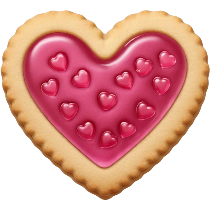 Realistic shortbread cookie in the shape of a heart with pink jelly emoji
