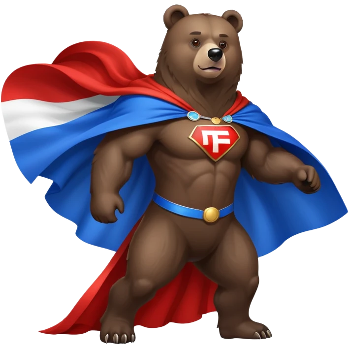 Medium-dark brown bear on four legs with Russian flag as a flowing cape, white, blue and red cloth draped over its back like a superhero cape emoji