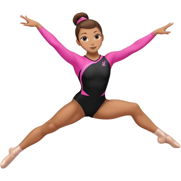 A female gymnast with brown hair in a neat bun, wearing a black uniform with pink elements, performing an acrobatic move. A female gymnast with brown hair in a neat bun, wearing a black uniform with pink elements, performing an acrobatic move. emoji