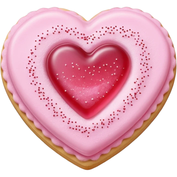 Realistic shortbread cookie in the shape of a heart with pale pink jelly middle filling and sprinkled powder sugar on top. emoji