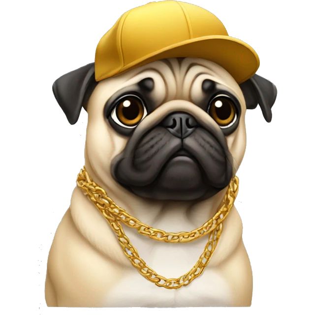 PUG WITH GOLD CHAINS AND BACKWARD BASEBALL CAP emoji