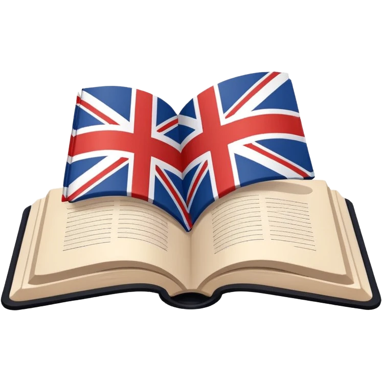 Minimalistic flat vector icon, iOS style, thin black contour on white background. Open book with a small UK/USA flag symbol. No text, no shadows. emoji