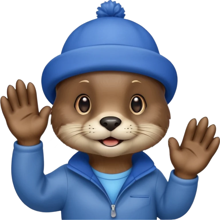 An otter with a blue hat on waving hi emoji