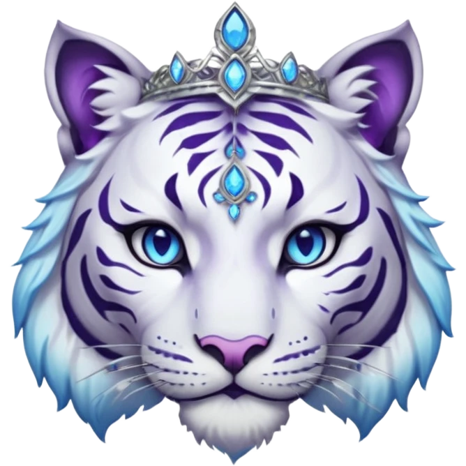 ESO Female white/black tiger khajiit leader of the umbral rose, glowing blue eyes, glowing blue 'third eye' gem; beautiful purple gemmed silver tiara emoji