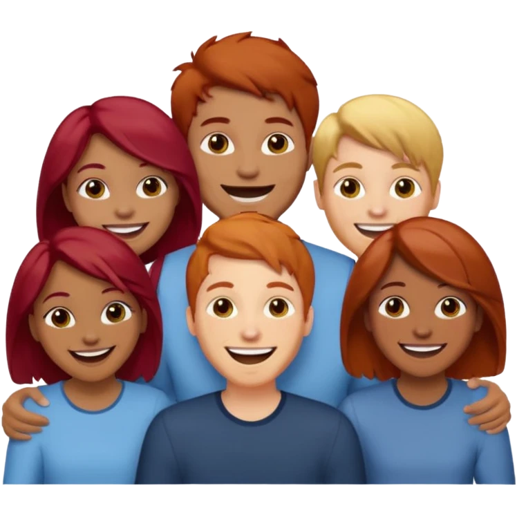 4 inclusive friends (3 girls and 1 man) laughing : 1 man must be brown, 1 girl have to have red hair, an other one must have blond hair and the last one is brown and have brown hair emoji