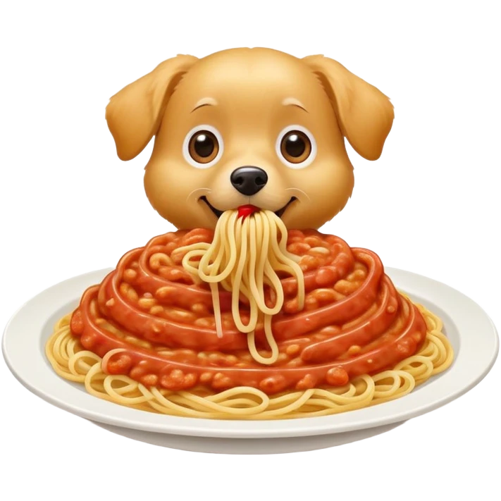 A cheerful cartoon dog happily eating a plate of spaghetti, with a few noodles hanging from its mouth, big sparkly eyes, and a wagging tail. The background is simple and minimalistic, focusing on the dog and the pasta. emoji