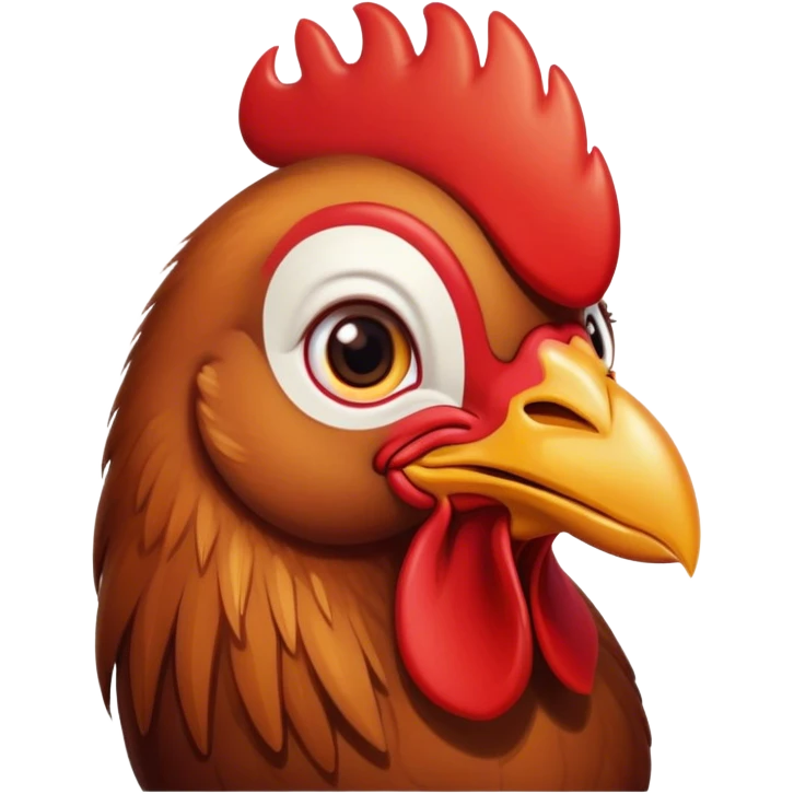 Cinematic Cute Brown Rooster Portrait Emoji, Head tilted playfully and inquisitively, featuring a glossy, immaculate brown plumage with a vibrant red comb, round, sparkling warm eyes filled with curiosity, Simplified yet irresistibly adorable features, highly detailed, glowing with a warm, friendly glow, high shine, affectionate and spirited, stylized with a touch of farmyard whimsy, bright and endearing, soft glowing outline, capturing the essence of a mischievous yet loving rooster, so playful it feels like it could strut out of the screen and into your arms! emoji