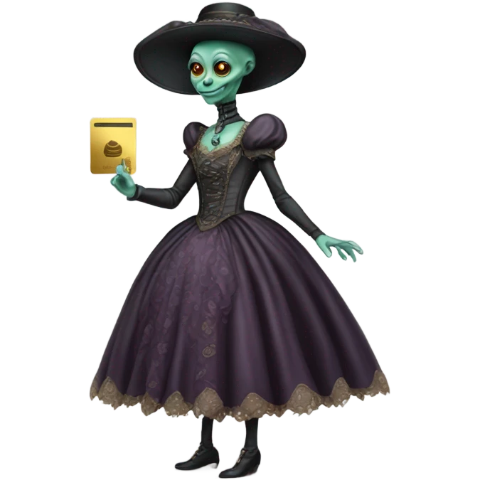 alien galora in Victorian dress elegant, full body, holding big credit card emoji