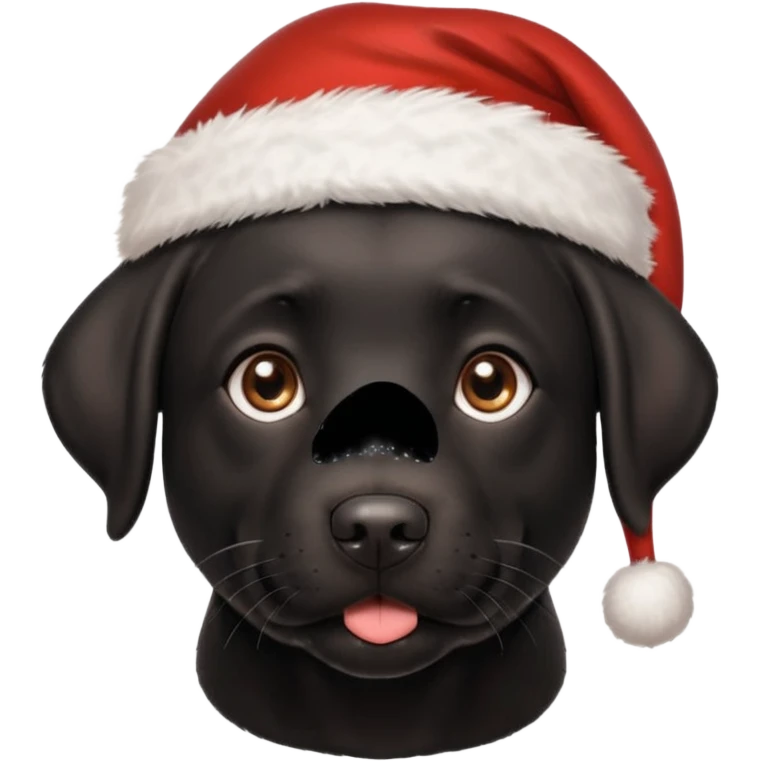 A cute, all-black Labrador Retriever, about 2 years old, wearing a Santa hat. (I need English) emoji