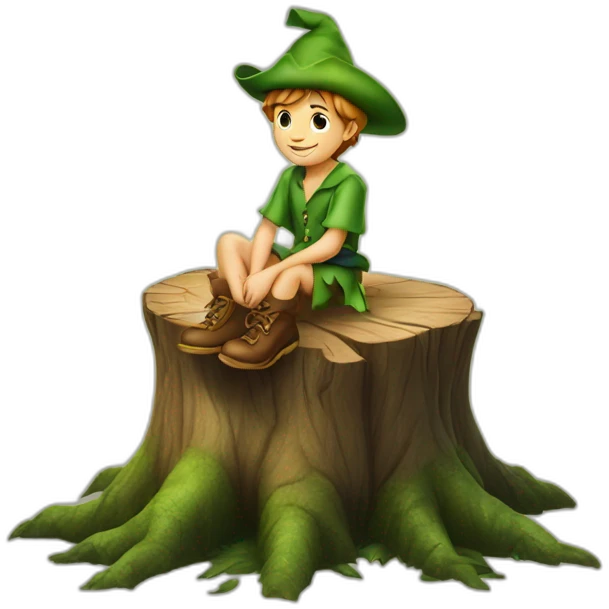 Peter Pan with his hat sitting on tree stump emoji