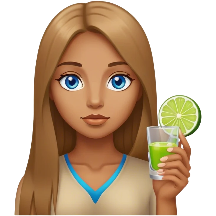 tan woman, long light brown straight hair, blue eyes, holding a shot with lime emoji