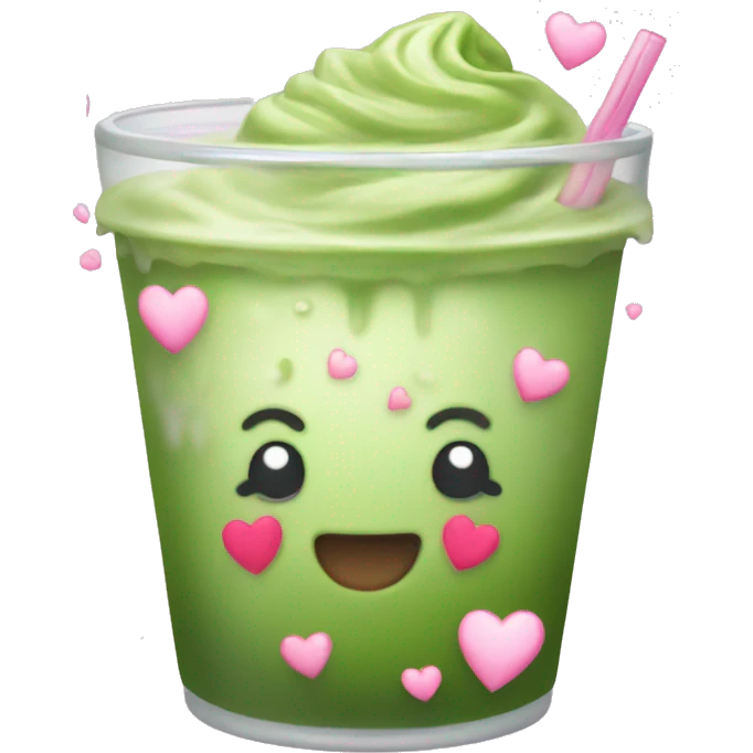 Iced matcha with pink hearts around emoji