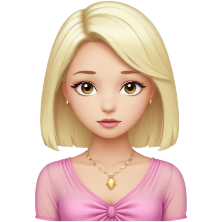 Girl with a platinum-blonde beauty with sleek, waist-length hair, flawless skin, fluttery lashes, and pouty lips-dressed in a sheer pink ruched top that ties in the center, glowing softly under the car lights with a dainty gold necklace completing her dreamy, doll-like look. emoji