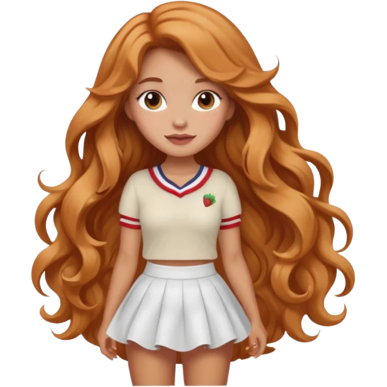 white latina girl with strawberry blonde super long wavy hair, white skirt, blushed cheeks emoji
