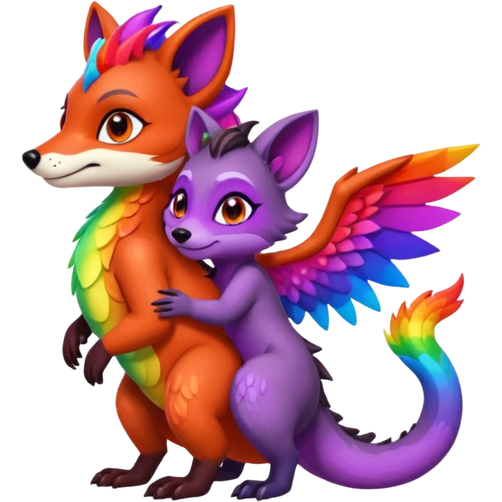 black female raccoon dragon hybrid with rainbow colored wings and purple eyes giving a big hug to a red female fox dragon hybrid with rainbow colored wings and orange eyes emoji