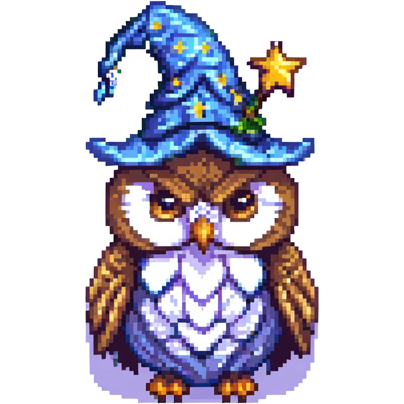 pixel art owl wearing a starry wizard hat emoji