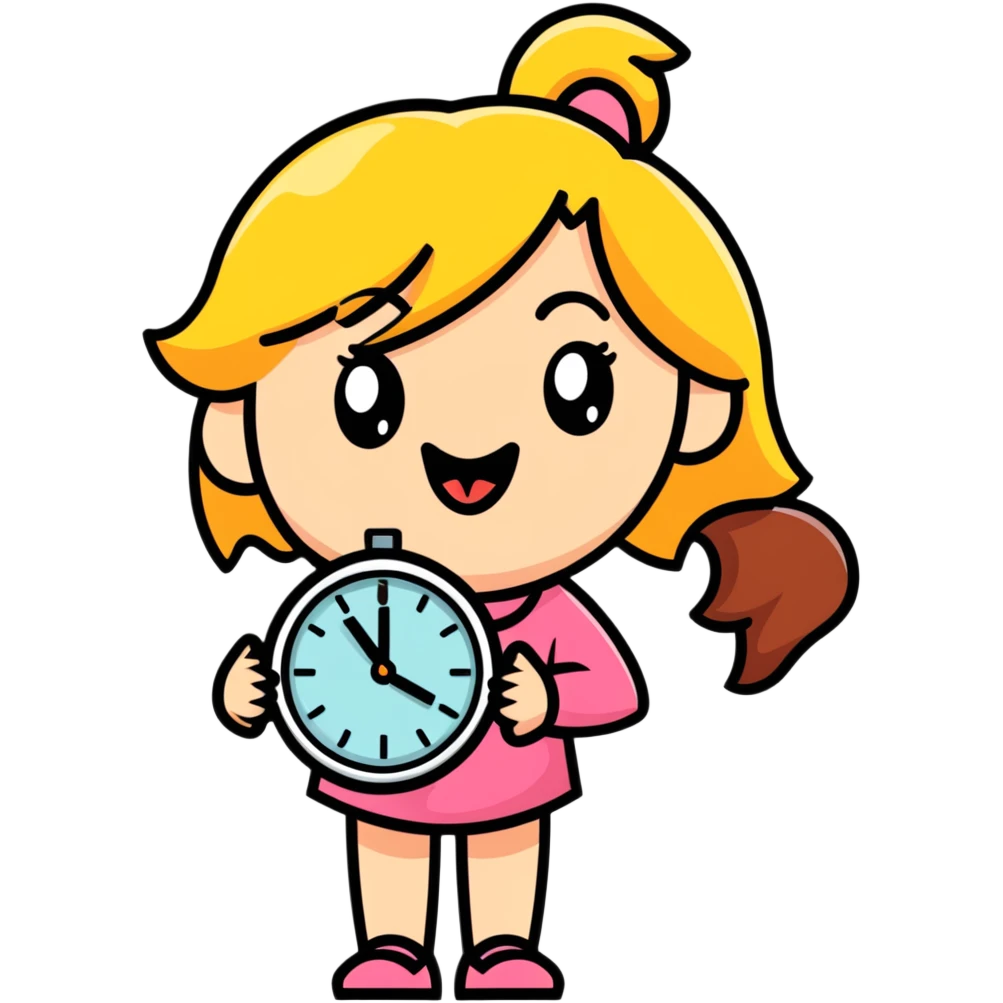 white girl with tongue out holding clock emoji