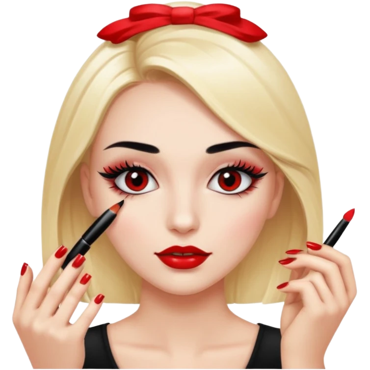 Girl doing make up with glossy nails and eyelashes emoji
