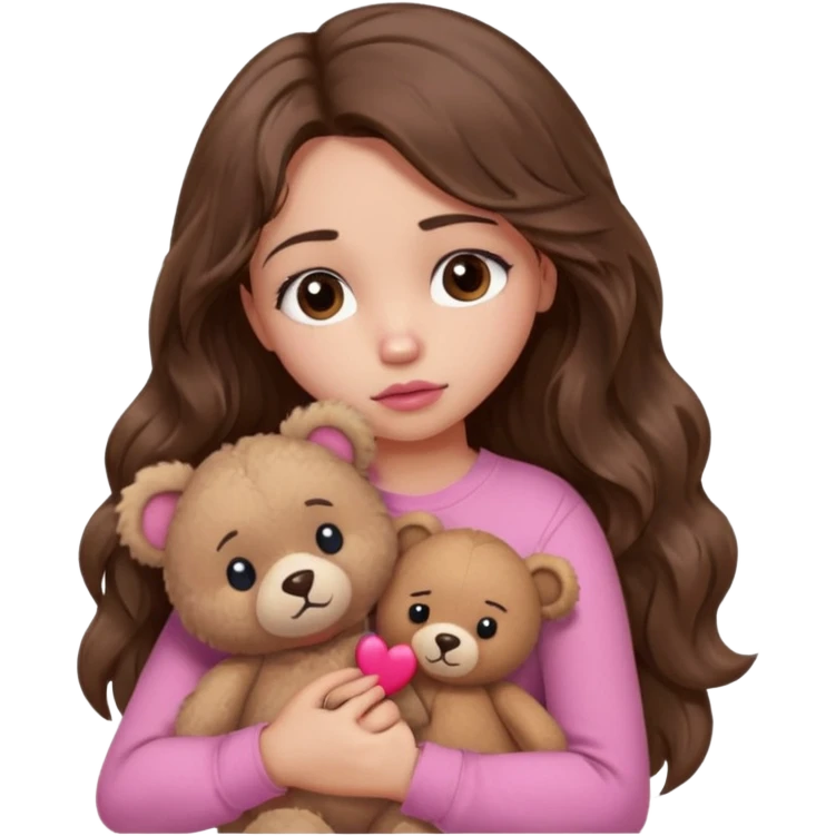 girl with long wavy brown hair, brown eyes, light to medium complexion, in a pink shirt, pink lips, long lashes, sad, hugging a teddy bear with a broken heart emoji