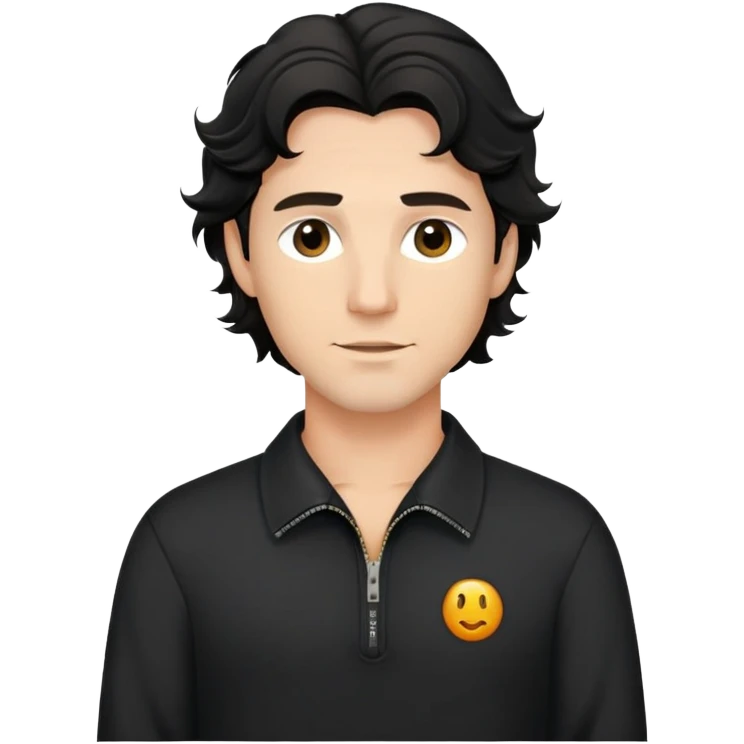 Caucasian man with black wavy hair wearing a loose-fitting long sleeve black shirt with collar and zip to the chest emoji