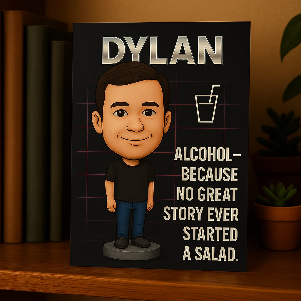 Refine the card: keep Dylan as a bobblehead character, minimal neon grid background, one drink icon, bold chrome text with the quote 'Alcohol—because no great story ever started with a salad.' Make the layout even cleaner and more balanced, using the same bobblehead style. emoji