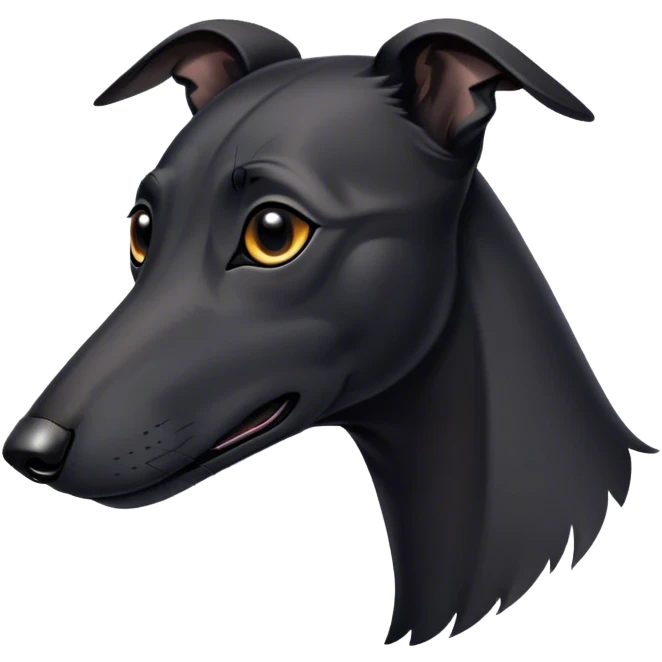 Cinematic Noble Black Greyhound Portrait Emoji, Poised and regal, with a lean, graceful build and a sleek, jet-black Fur, deep-set soulful dark eyes, Simplified yet sharp and sophisticated features, highly detailed, glowing with a soft, dignified glow, high shine, intelligent and swift, stylized with an air of elegance, focused and attentive, soft glowing outline, capturing the essence of a watchful and commanding racer, so majestic it feels as though it could sprint out of the screen with effortless authority! emoji