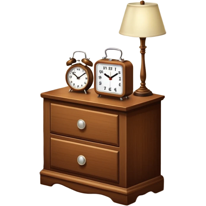 Cupboard-commode-drawer-night-stand with a night lamp on, a photo on, and a digital alarm clock on emoji