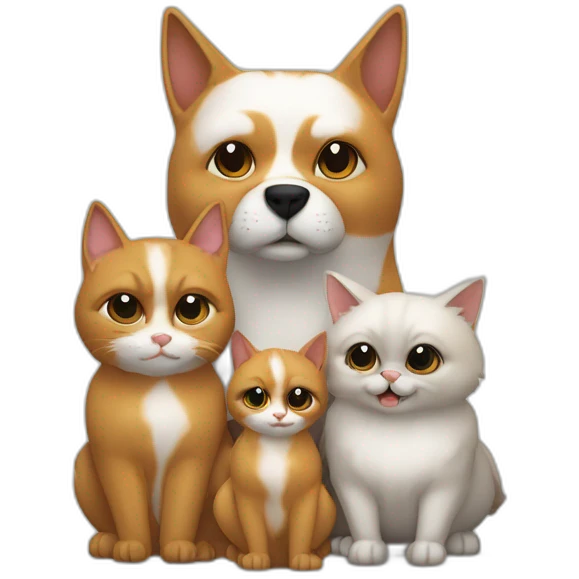 Famille d'une mère un père chauve, deux jumeaux et une petite sœur, un chien est 3 chats, avec un perroquet emoji