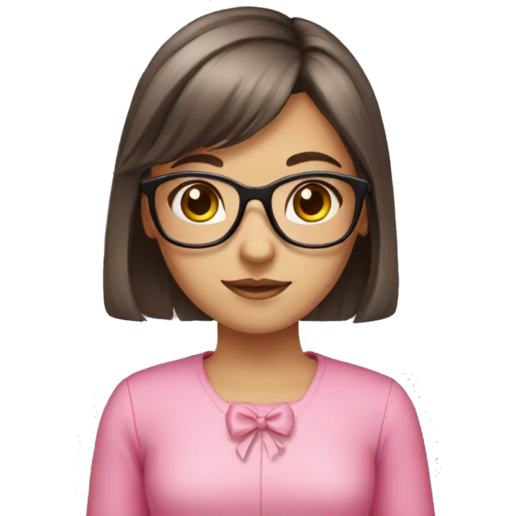 girl with glasses, dark brown hair, bangs, pink bow, pink clothes emoji