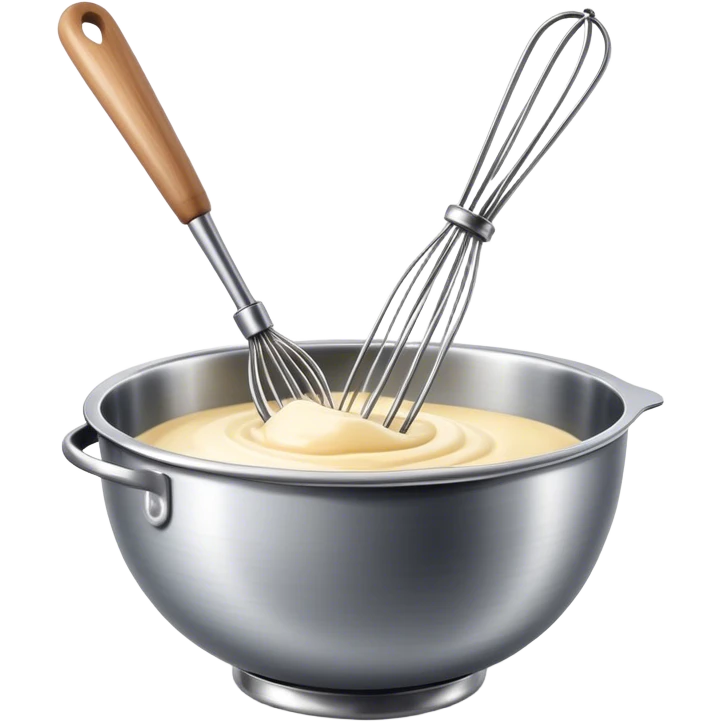 Cinematic Realistic Whisk & Mixing Bowl, a well-used metal whisk resting in a smooth ceramic mixing bowl, light reflecting off the whisk’s polished surface, subtle smears of batter along the rim, glowing with a sense of warmth and creativity. emoji