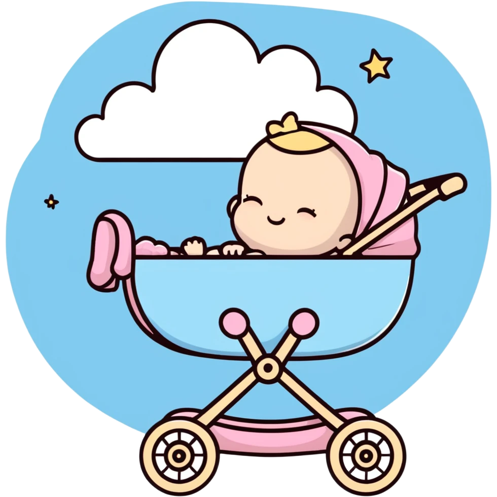 sleeping baby in pink and beige stroller with fluffy pastel blue clouds and shining stars decorating the entire scene emoji