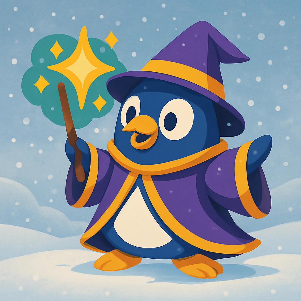 Add a snowy background behind the cartoon penguin wizard casting a spell, keeping the sparkles and magical aura visible and vibrant. emoji
