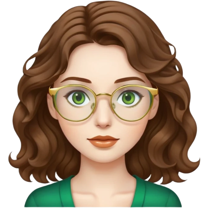 woman with pale skin, brown wavy hair, green eyes, gold glasses emoji