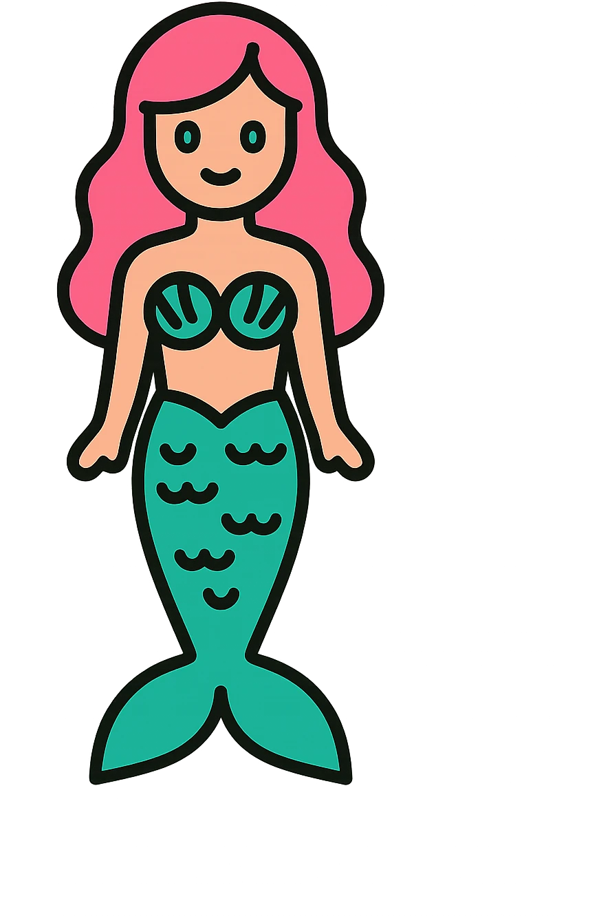 full length mermaid with pink hair, blue eyes, turquoise green tail, minimal detail, lineal color icon style emoji