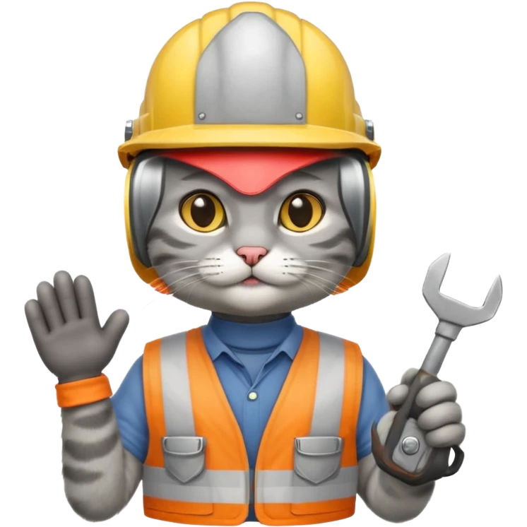 gray cat, handyman Outfit, wearing a Helmet emoji