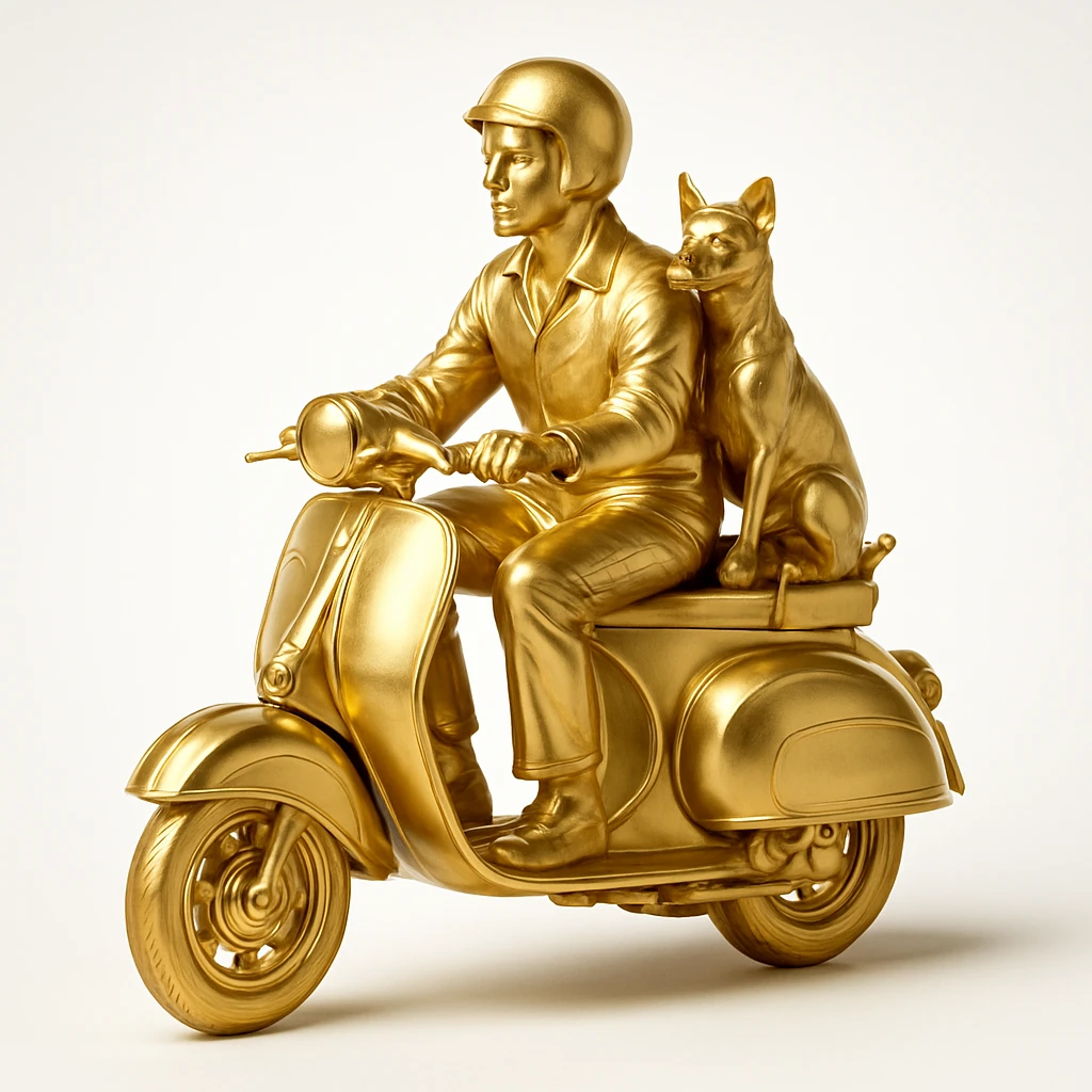 man and his pet dog riding a vespa emoji