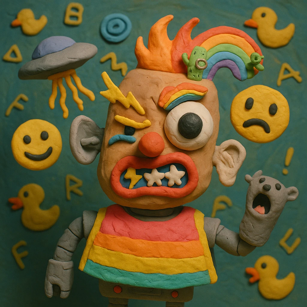 chaotic character with potato-shaped warped face, huge googly eye, tiny angry eye, glitching mouth, star teeth, big nostril, lightning and caterpillar eyebrows, satellite dish and sock puppet ears, half fire half rainbow hair with cactus wearing monocle, UFO dropping spaghetti, robotic body, neon poncho, floating emojis, swirling background of rubber ducks, runes, screaming ferret emoji