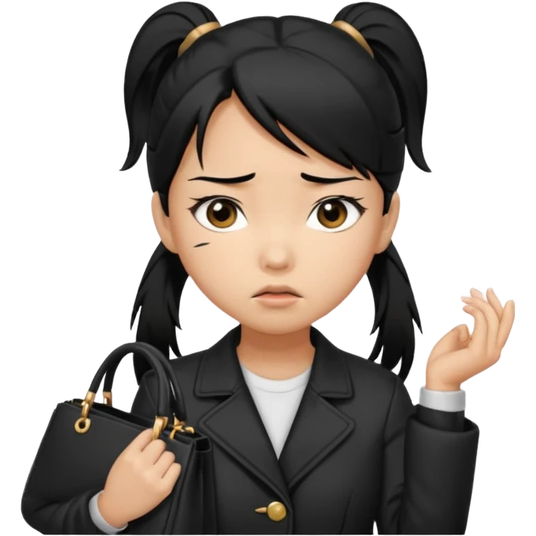 A girl with a pony tail black hair and Asian tan skin, Asian eyes, with a black jacket and a black purse, with an annoyed and confused expression on her face  emoji