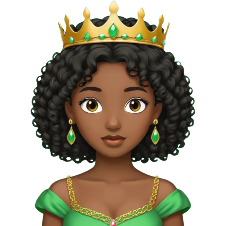 balck princess with black curly hair and a golden tiara. Green dress emoji